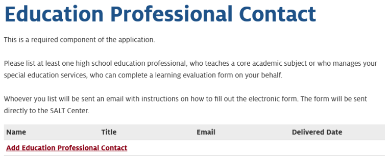 Screenshot of Education Professional Contact page